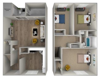 two views of a floor plan with a bedroom and a living room