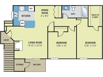 A floor plan of a house with a living room, two bedrooms, a kitchen, a bathroom, a walk-in closet, and a balcony.