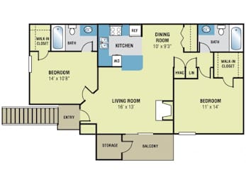 A floor plan of a house with a living room, two bedrooms, a kitchen, a dining room, a bathroom, a balcony, and storage.