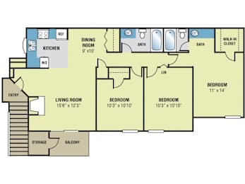 A floor plan of a house with a living room, dining room, kitchen, and four bedrooms.