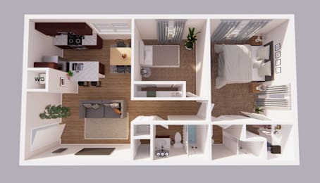 A 3D floor plan of a small apartment with a kitchen, living room, and bathroom.