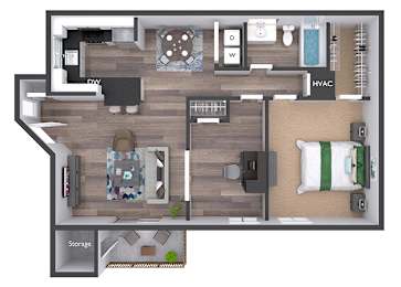 A floor plan of a small apartment with a kitchen, living room, and bathroom.