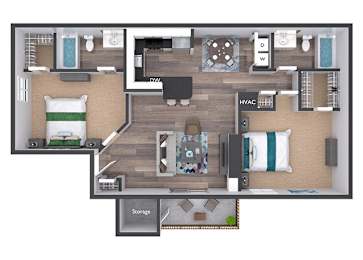 A floor plan of a small apartment with a kitchen, living room, and bathroom.