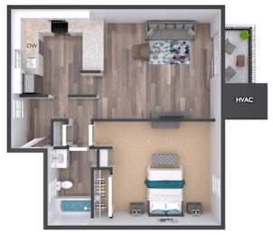 A floor plan of a hotel room with a double bed, a desk, and a chair.