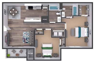 A floor plan of a small apartment with a kitchen, living room, and bathroom.