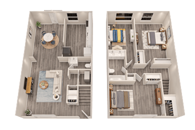 Two images of a house layout with a living room, kitchen, and bedrooms.