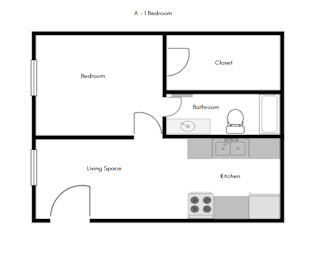 A floor plan of a one bedroom apartment.