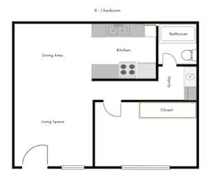 A floor plan of a one bedroom apartment with a living space, dining area, kitchen, bathroom, and closet.