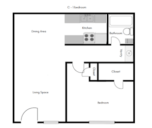 A floor plan of a one bedroom apartment with a living space, bedroom, kitchen, dining area and bathroom.