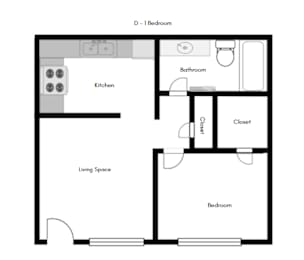 A floor plan of a one bedroom apartment with a kitchen, living space and bathroom.