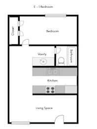 A floor plan of a one bedroom apartment with a living space, kitchen, bathroom, and closet.