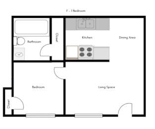 A floor plan of a living space with a bedroom, bathroom, kitchen, and dining area.