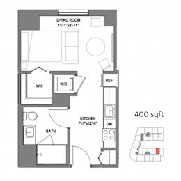 a floor plan of a small apartment with a bedroom and a living room