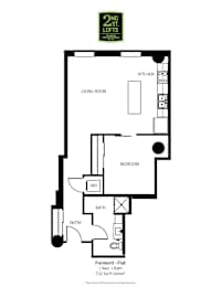 A black and white image of a floor plan for a 1 bedroom, 1 bath apartment.