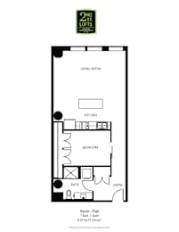 A floor plan for a 2nd story loft with a living room, kitchen, bedroom, bathroom and entry.