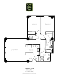 A black and white image of a floor plan for a two bedroom, one bathroom apartment.