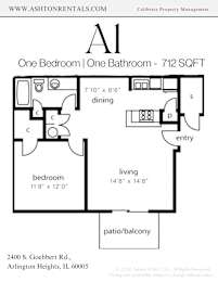 A floor plan for a one bedroom, one bathroom apartment of 712 square feet.