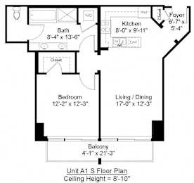 1 Bed 1 Bath Floor Plan at Residences Providence, Providence, RI
