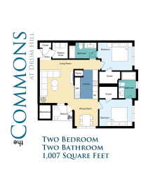 Two Bedroom Two Bathroom Floor Plan Image 1007 SqFt