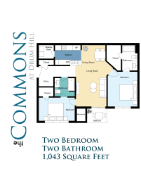 Two Bedroom Two Bathroom Floor Plan Image 1043 SqFt