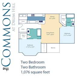 Floor plan view of the 2 bed 1076 sqft apartments at The Commons at Drum Hill in North Chelmsford, MA.