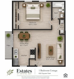 Floor Plan  A floor plan of a one bedroom cottage at Crystal Bay showing a bedroom, living room, dining area, kitchen, bath, and patio.