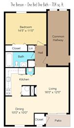 Floor Plan  A floor plan of a 704 square foot home with one bedroom, one bath, and a living area.