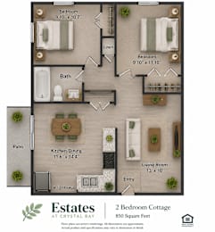 Floor Plan  A floor plan of a 2 bedroom cottage at Crystal Bay showing the layout of the rooms.