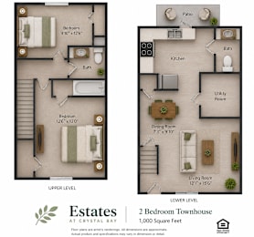 Floor Plan  A floor plan of a 2 Bedroom Townhouse at Crystal Bay.