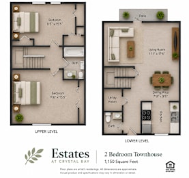 Floor Plan  A floor plan for a 2 bedroom townhouse at Estates at Crystal Bay.