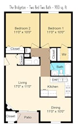 Floor Plan  A floor plan of a two bedroom, two bath apartment.