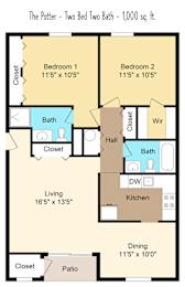 Floor Plan  A floor plan of a 1,000 square foot two bedroom two bath home.
