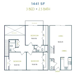 A floor plan for a 1441 square foot home with three bedrooms and two and a half baths.