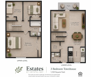 Floor Plan  A 3 Bedroom Townhouse at Crystal Bay is shown in two different layouts.