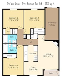 Floor Plan  A floor plan of a three bedroom, two bathroom apartment.