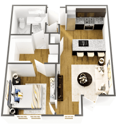 Floor Plan  a 3d rendering of a 1 bedroom apartment with a living room and dining room