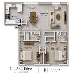 Floor Plan  A floor plan of a one bedroom apartment at The Axis Edge.