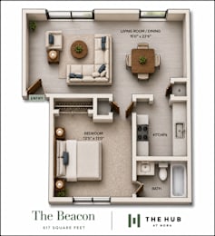 Floor Plan  A floor plan of a one bedroom apartment at The Hub at Nora.