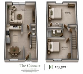 Floor Plan  A diagram of a two story townhouse layout with a living room, kitchen, dining room, and two bedrooms.