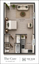 Floor Plan  A floor plan of a 441 square foot apartment at The Hub at Nora.