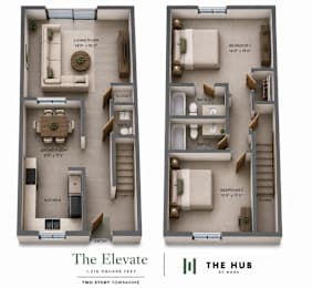 Floor Plan  A floor plan of a two story townhome with a living room, dining room, kitchen, and two bedrooms.