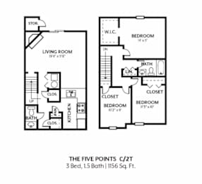 Floor Plan  A floor plan of a 3 bedroom, 1.5 bathroom apartment.