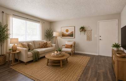 Floor Plan  A living room with a white couch, a wooden coffee table, and a painting on the wall.