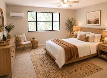 Floor Plan  A bedroom with a large bed, a chair, and a rug.