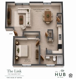 Floor Plan  A floor plan of a 702 square foot apartment at The Hub at Nora.