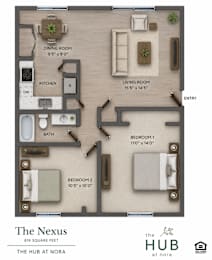 Floor Plan  A floor plan of a 819 square feet apartment at The Hub at Nora.