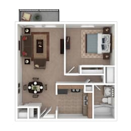 Floor Plan  A floor plan of a small apartment with a kitchen, living room, and bathroom.