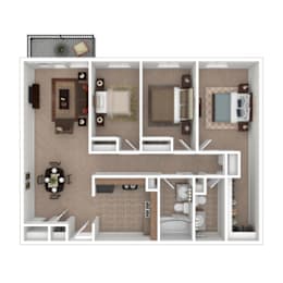 Floor Plan  A top-down view of a small apartment layout with a kitchen, living room, and bathroom.