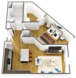 Floor Plan  a bedroom with a bed and a chair in a room