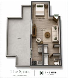 Floor Plan  A floor plan of a 467 square feet apartment at The Hub at Nora.